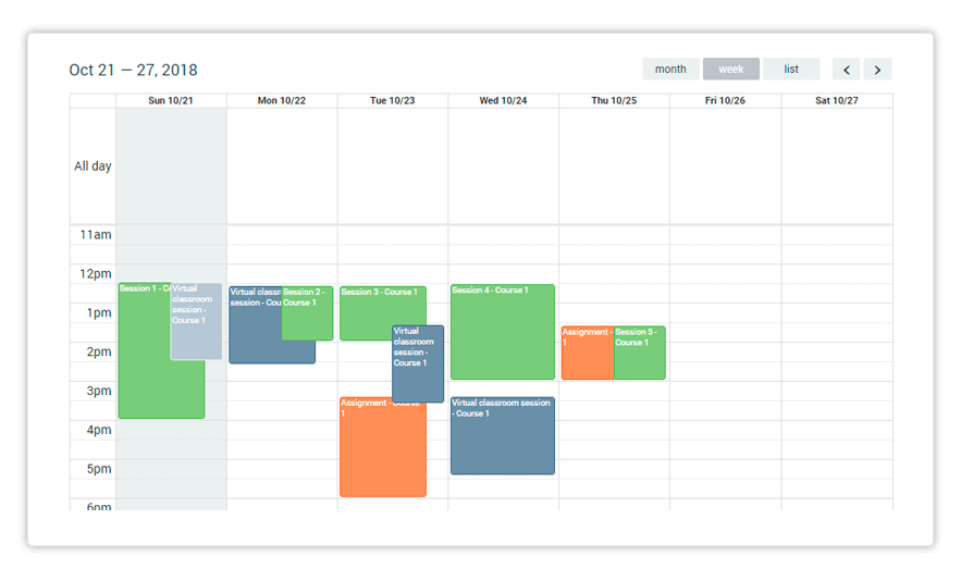 Weekly Calendar view of upcoming events