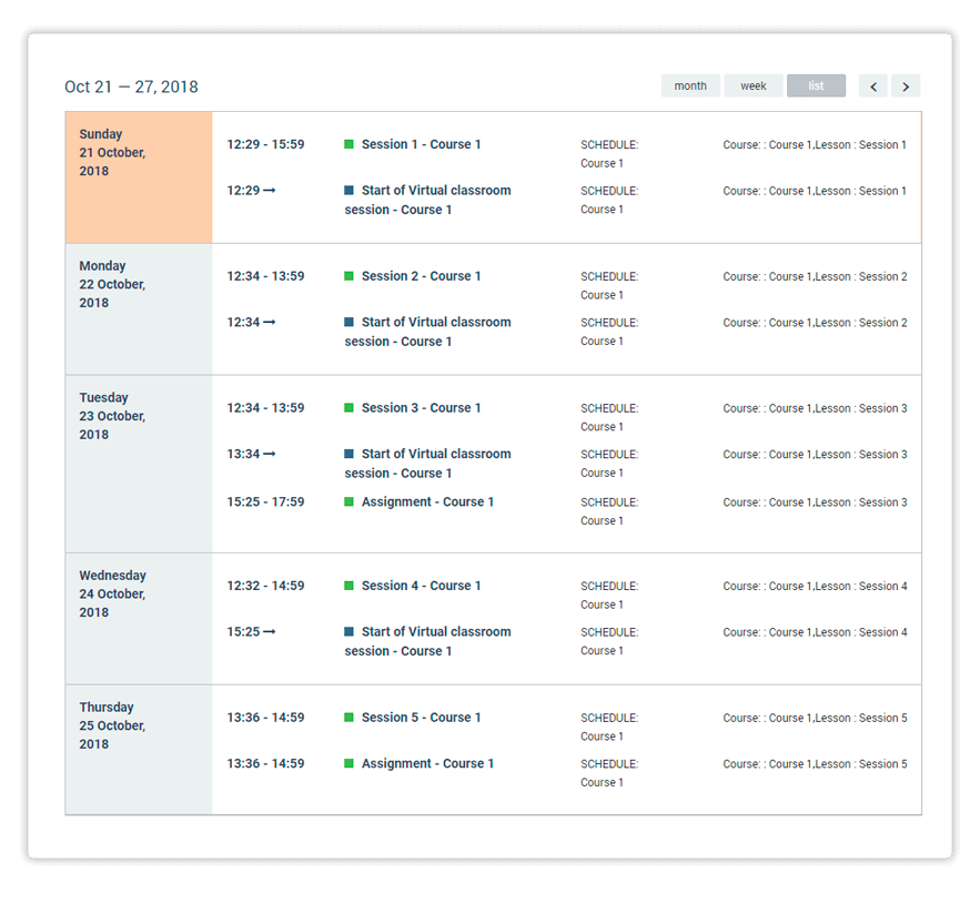 Weekly List View of upcoming events