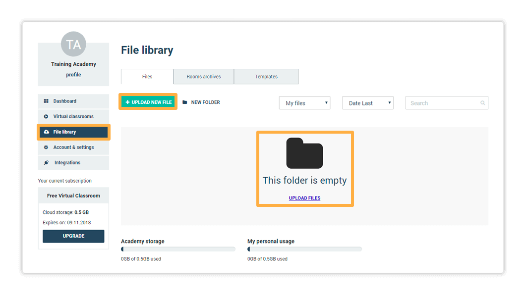 Use the Upload New File button or Drag and Drop files to upload files in the Virtual Classroom File Library