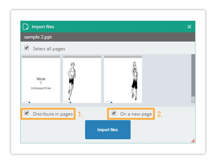 Virtual Classroom import files When you uploaded a file you can distribute it to a new page and according to your preferences