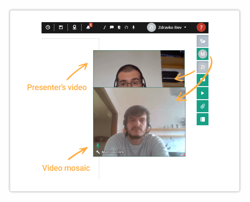 Virtual Classroom Presenter and Mosaic video Arranging participants' video windows