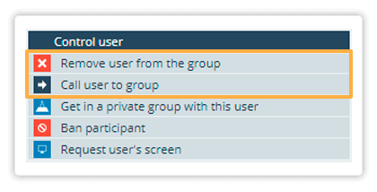 Remove or call a participant from the individual menu Control user individual menu