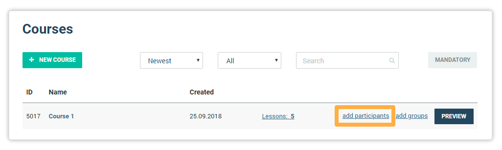 Add participants to a course button