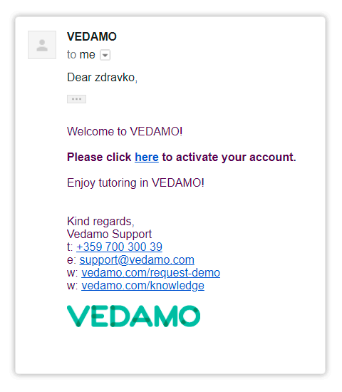 Click on the link to confirm your Vedamo account
