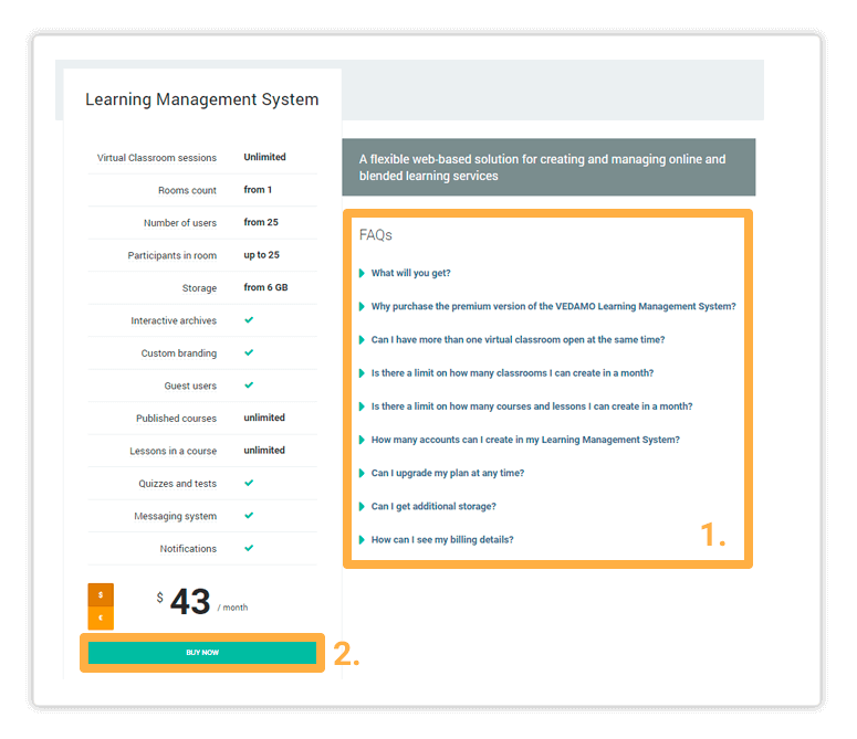 Press Select to sign up for Vedamo's Premium Learning Management Sytem plan