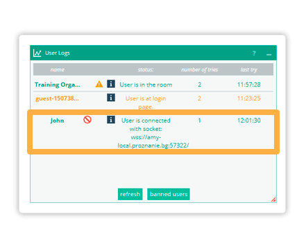 Banned students will be marked by a stop sign in the User Logs Banned students will be visible in the User Logs