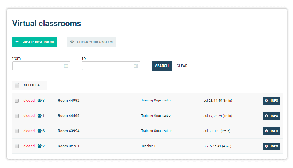 The Virtual Classroom menu will open a list of past and on-going Virtual rooms