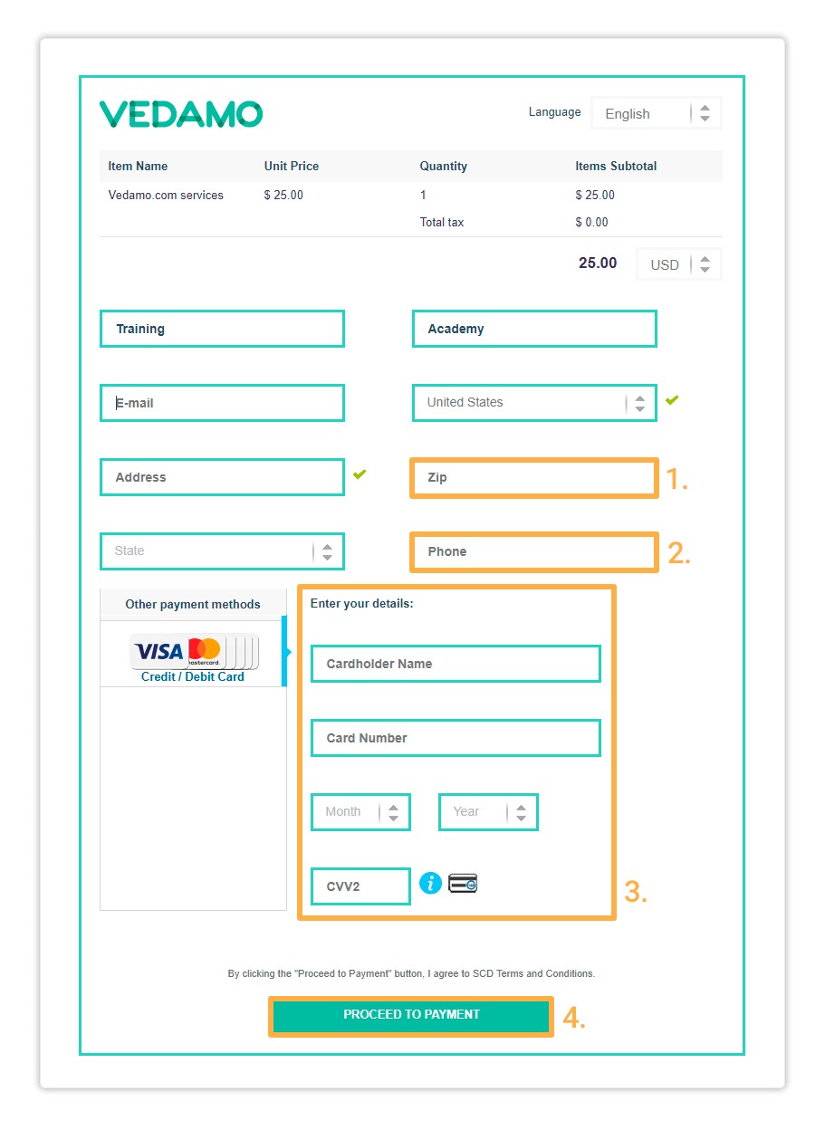 Fill in your card details and click Proceed to Payment