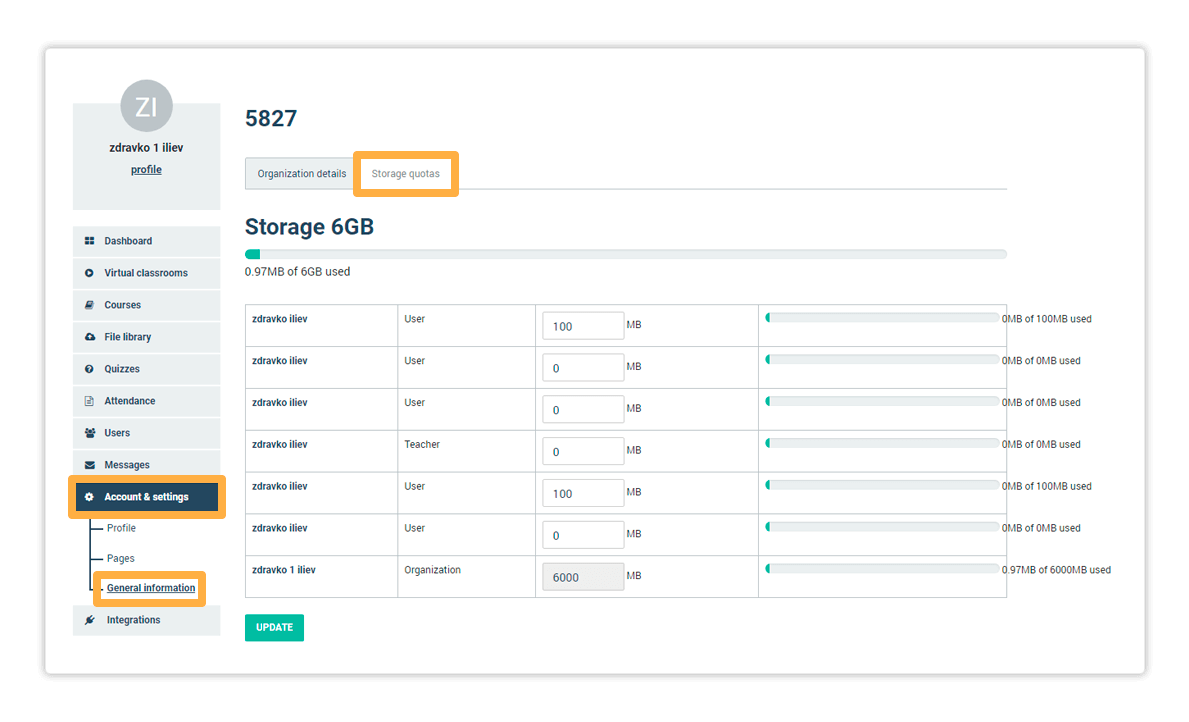Storage Quotas Storage quotas shows you total distributed storage space between users for your Learning Management System