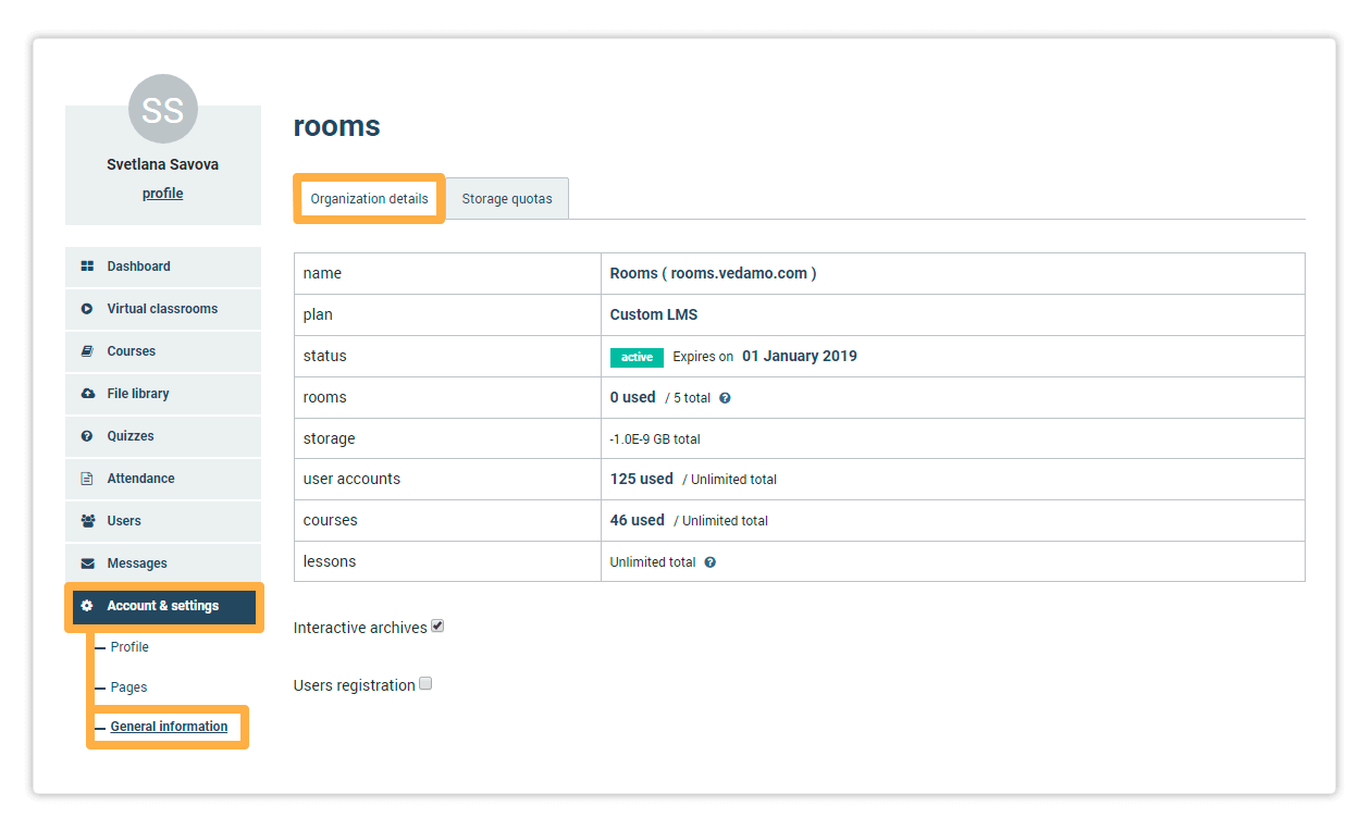 Organizational details Organisational details allows you to alter your LMS account and settings
