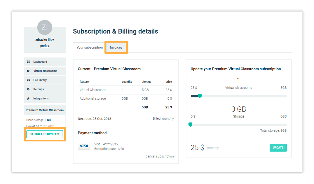 The Invoices tab contains a list of all of your past Invoices