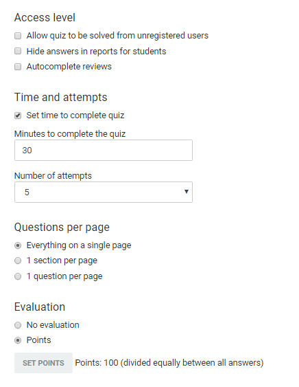 Adjusting the quiz's settings