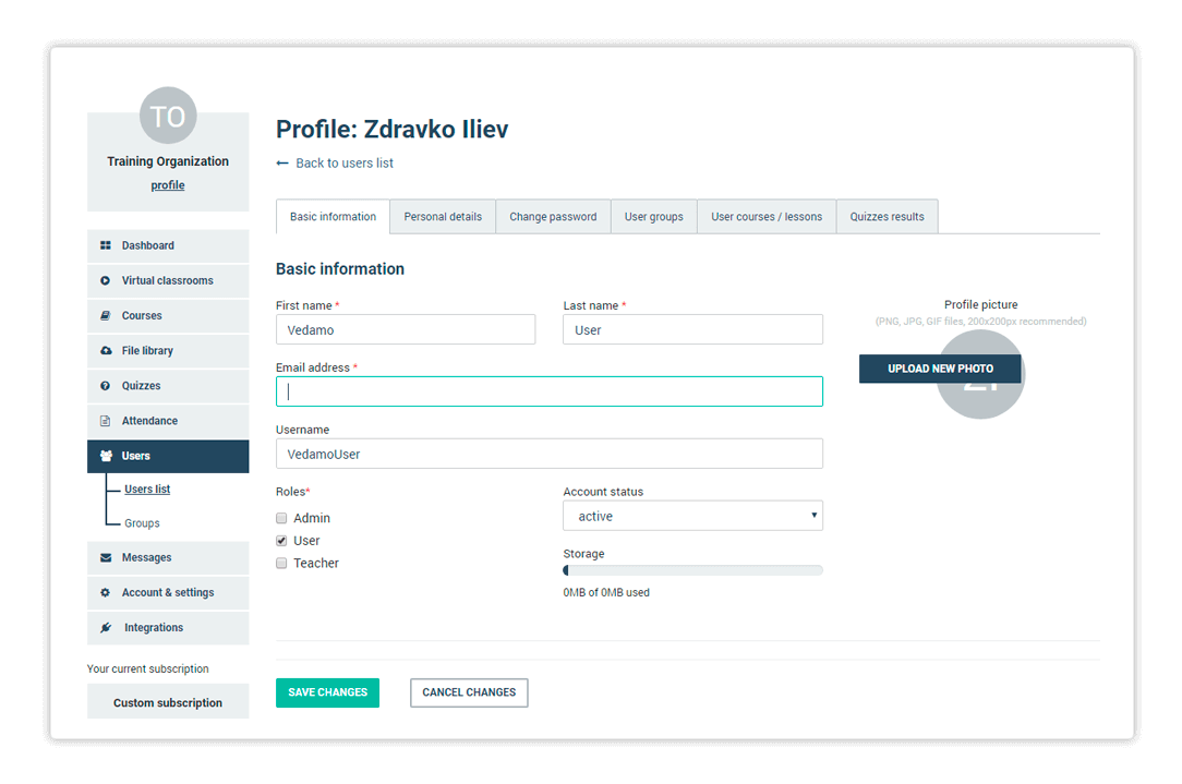 LMS Users administration User profile