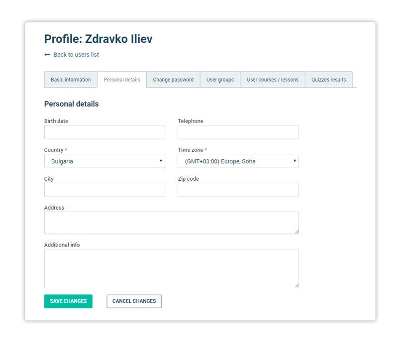 LMS Users administration Personal details