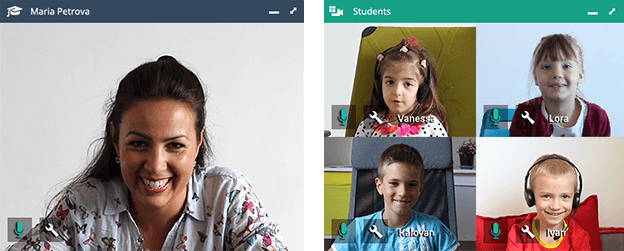 Teacher and students in video-conference connection