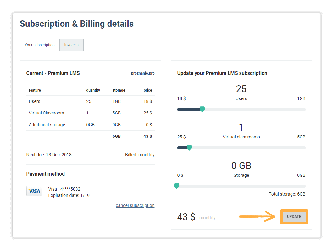 Subscription and billing details Use the slides to purchase additional features for your premium subscription plan