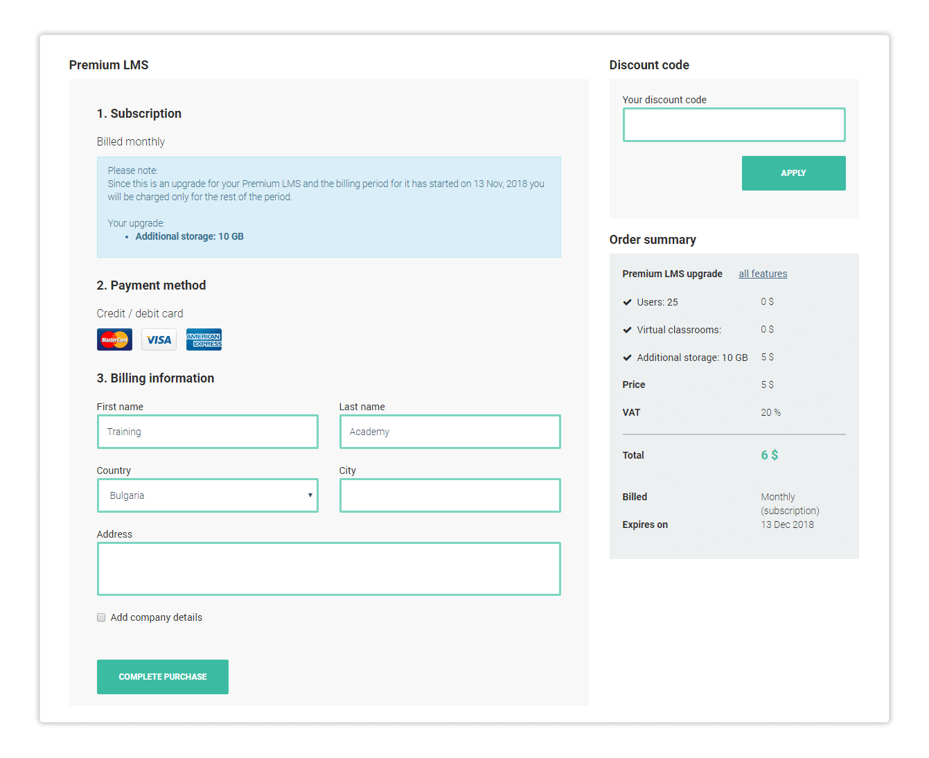 Complete purchase Use the Add company details in case you need to do so and click complete purchase to finish the LMS billing and upgrade process