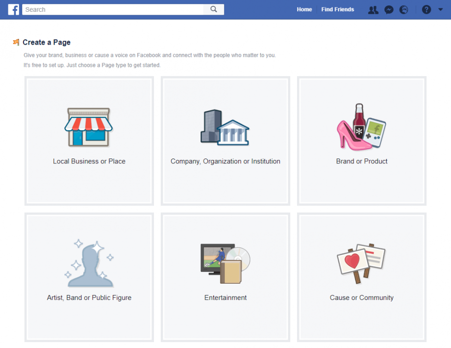 Facebook Create a page - screen