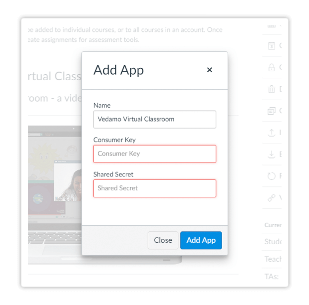 Vedamo Virtual Classroom Add App Integrate the Virtual classroom in a Canvas single course using the add app functionality