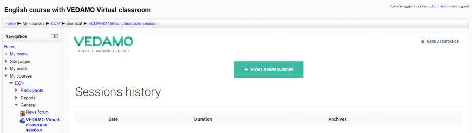 Start a new session Click "Start a new session" to open a new Virtual Classroom room