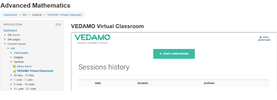 Vedamo Virtual Classroom Moodle: The process of starting a new session as a Teacher in Moodle Vedamo Virtual Classroom Moodle: The process of starting a new session as a Teacher in Moodle