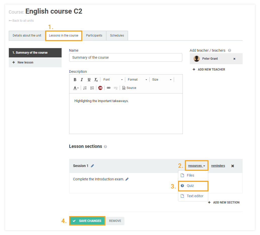 How to create and assign a quiz in the Vedamo LMS: steps to add a quiz to the course 
