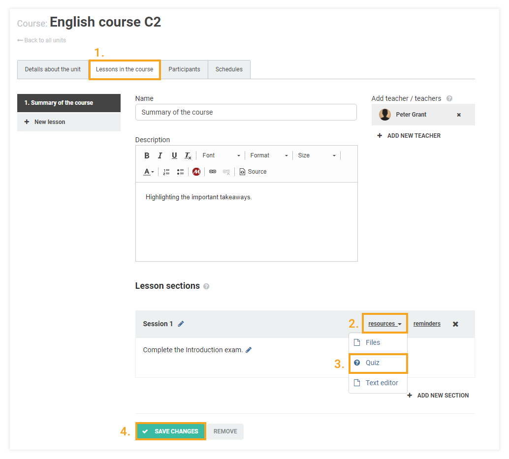 How to create and assign a quiz in the Vedamo LMS: steps to add a quiz to the course