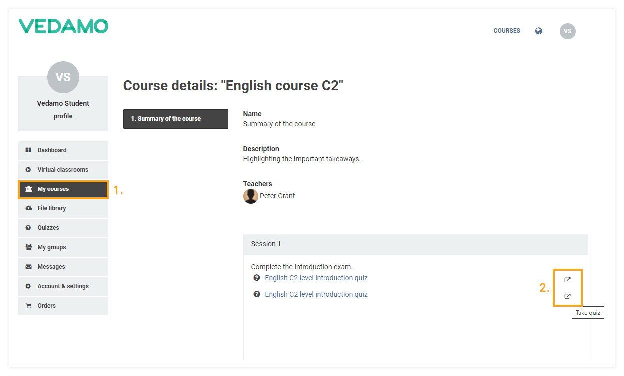 How to create and assign a quiz in the Vedamo LMS: participants view and take quiz option