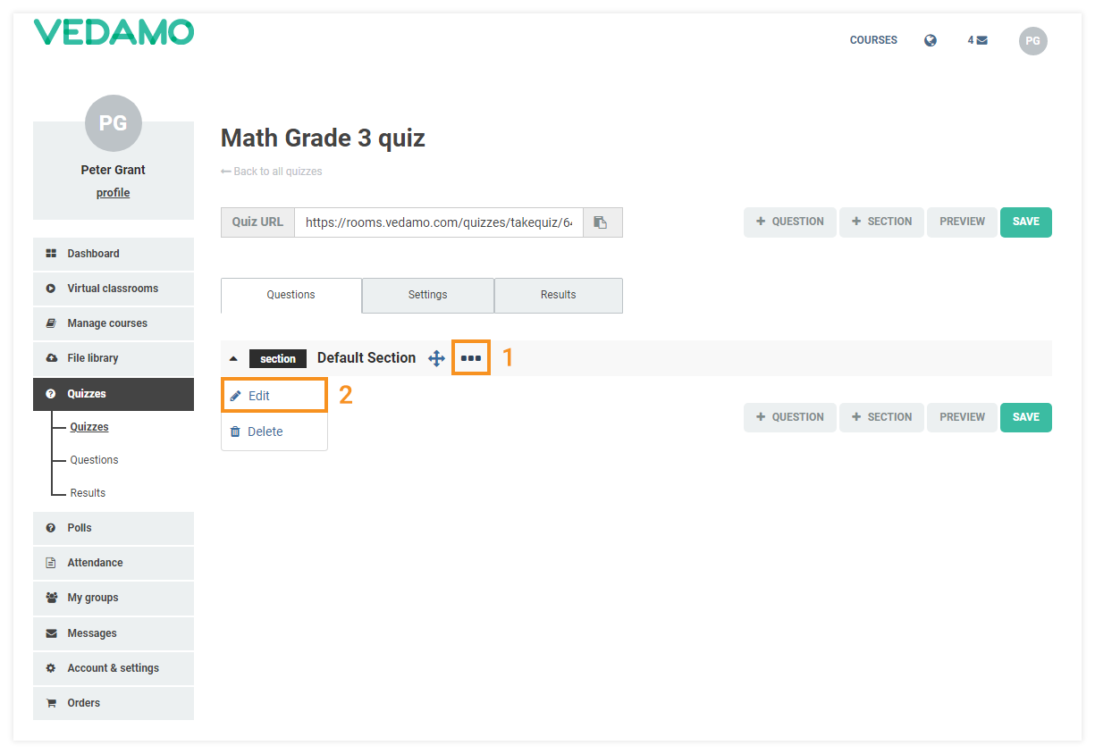 LMS Quizzes - Creation and Settings: To edit the title, description, and settings for each Section in a quiz, click on the three dots icon and then Edit