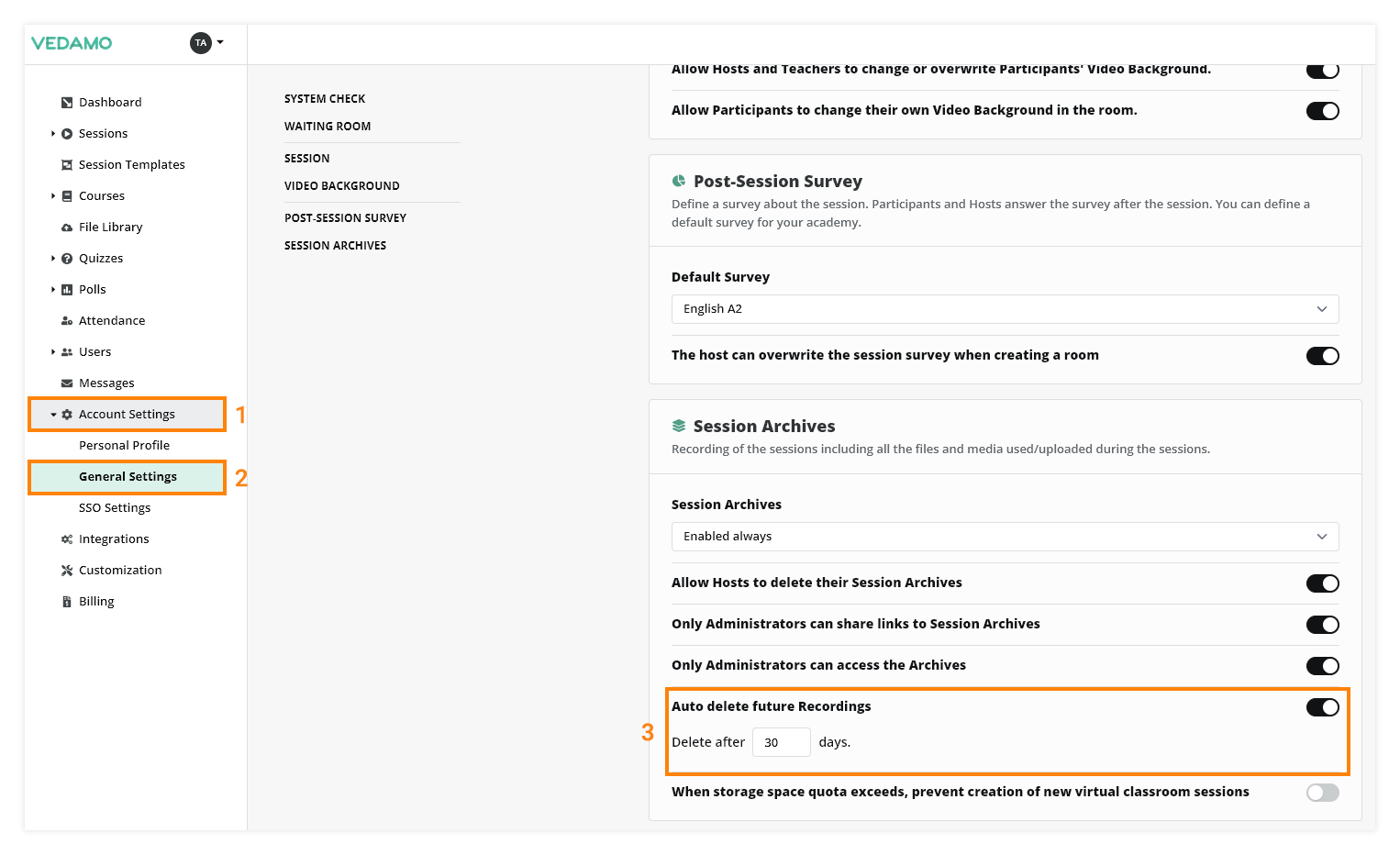 Interactive Recordings: Location of the Auto Delete function in the General Settings page