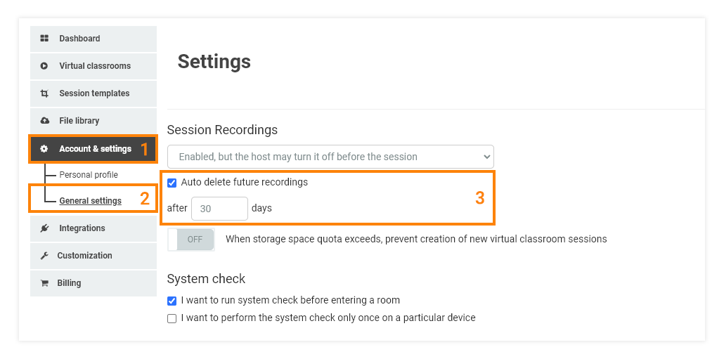 Interactive Recordings: Position of the Auto-Delete recordings option in the Virtual Classroom plan