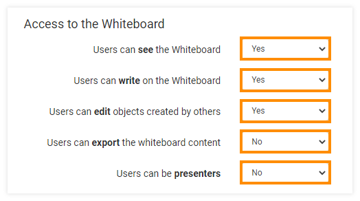 Virtual Classroom Advanced Settings: Access to the whiteboard settings