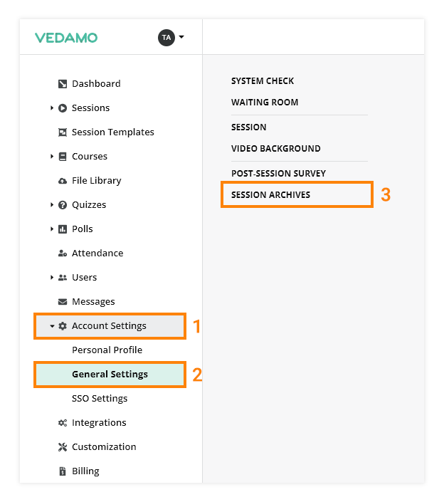 Interactive recordings: Go to General Settings to choose whether or not to have recordings of the virtual classroom sessions