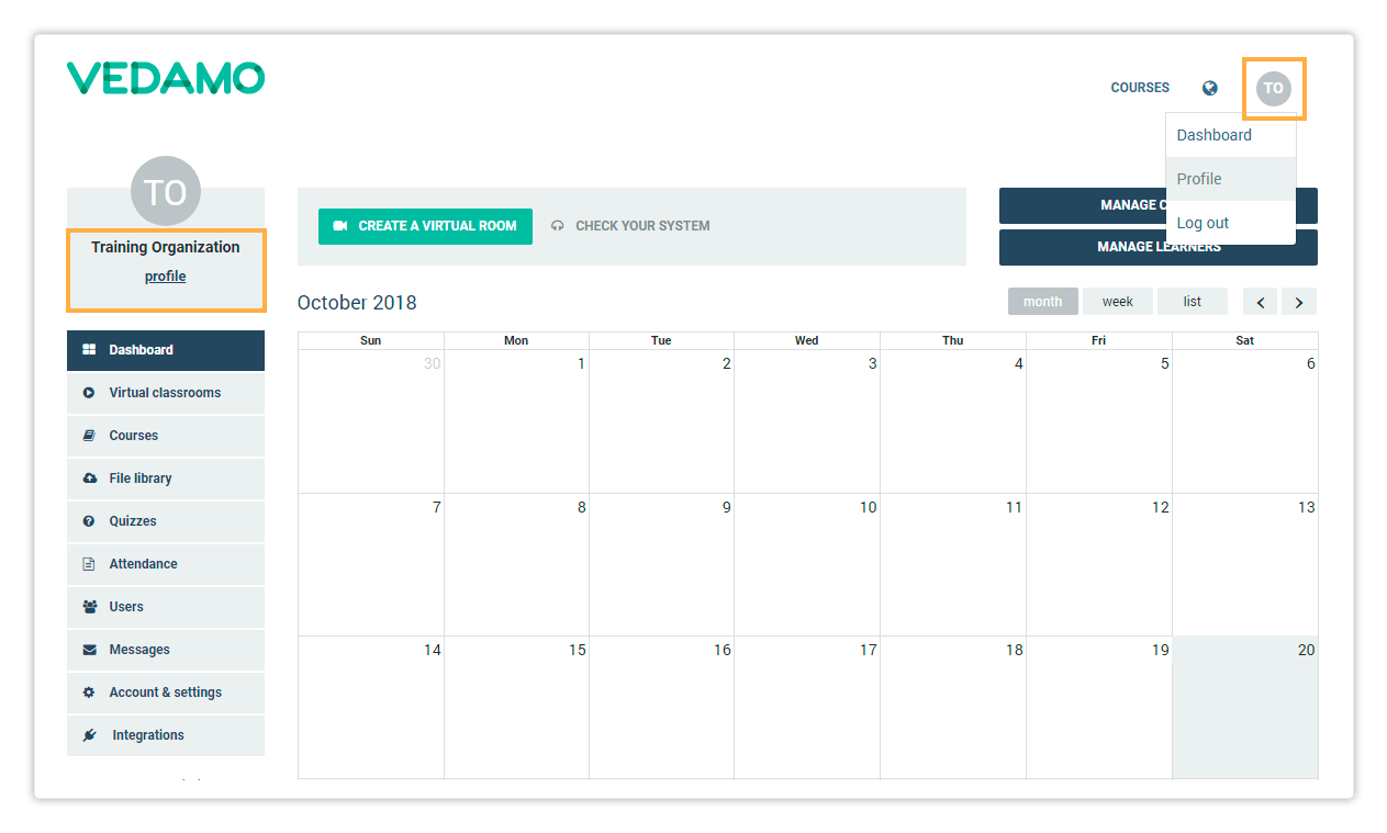 LMS Account and Settings Profile button opens LMS account and settings