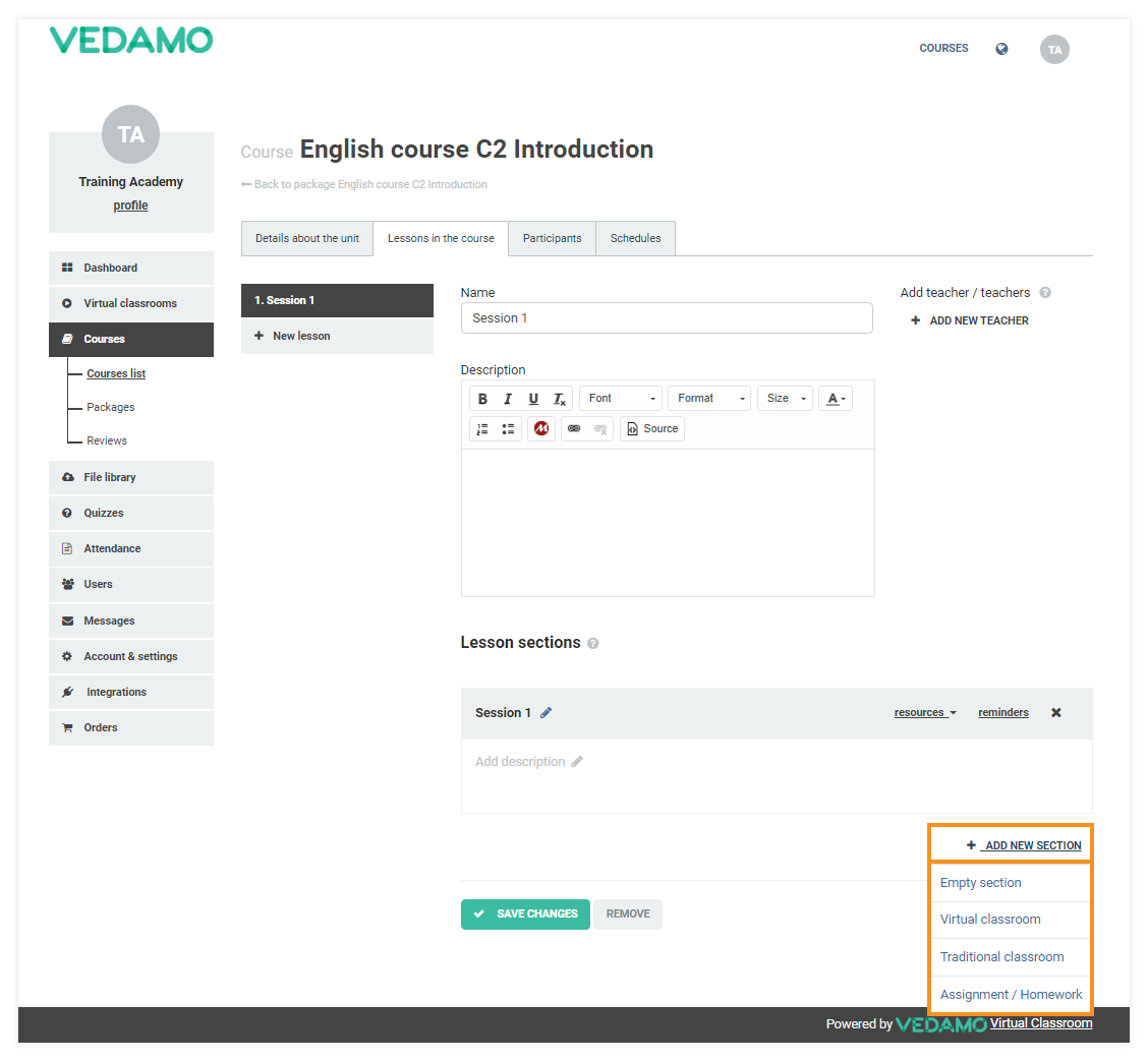 Add teachers, lessons and sections in LMS: For each lesson you can add a section which fulfills different purpose