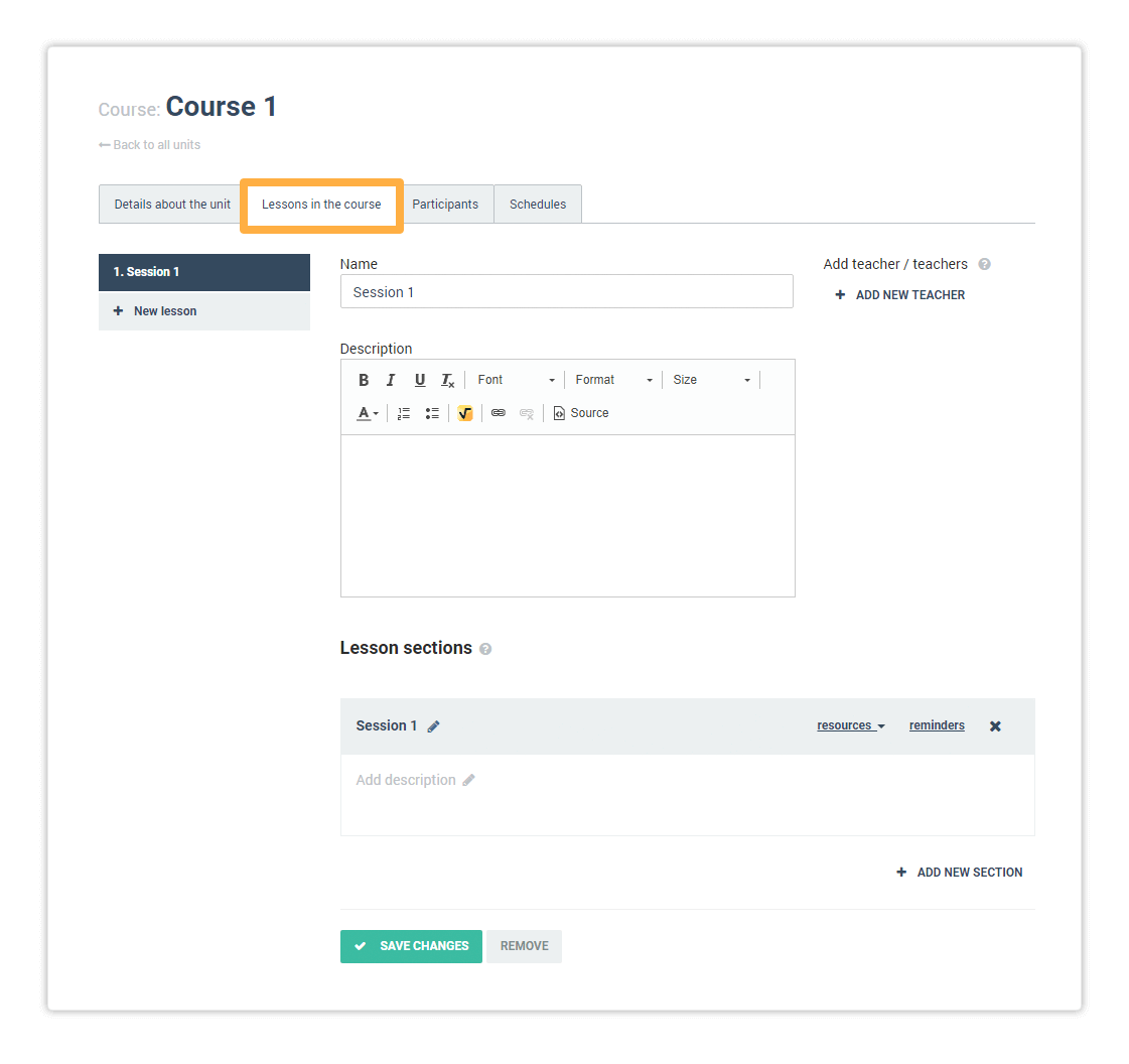 Lessons in the course Clicking the Lessons in the course tab will allow you to create new lessons within a course