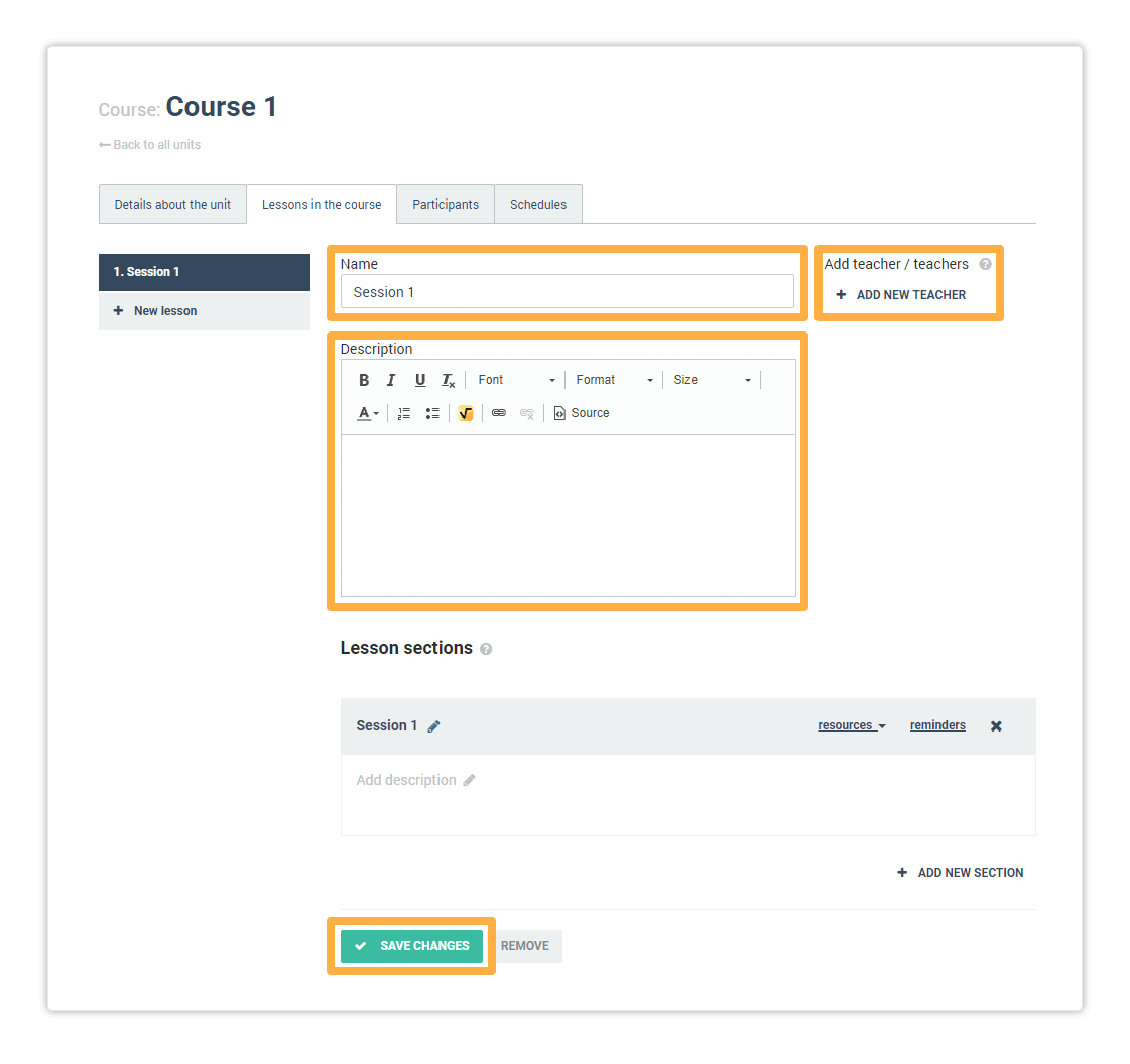 Add teachers, lessons and sections in LMS: Click +New Lesson to add a new lesson to your course