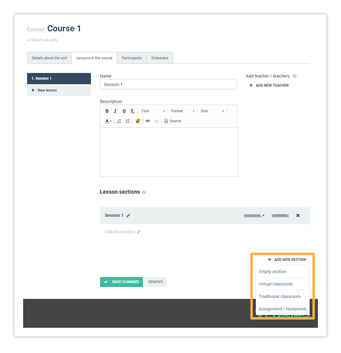 Add new section For each lesson you can add a section which fulfills different purpose