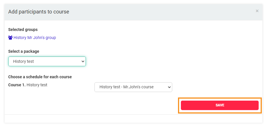 Add participants in your LMS course: Adding a group to a course schedule. Don't forget to press the Save button