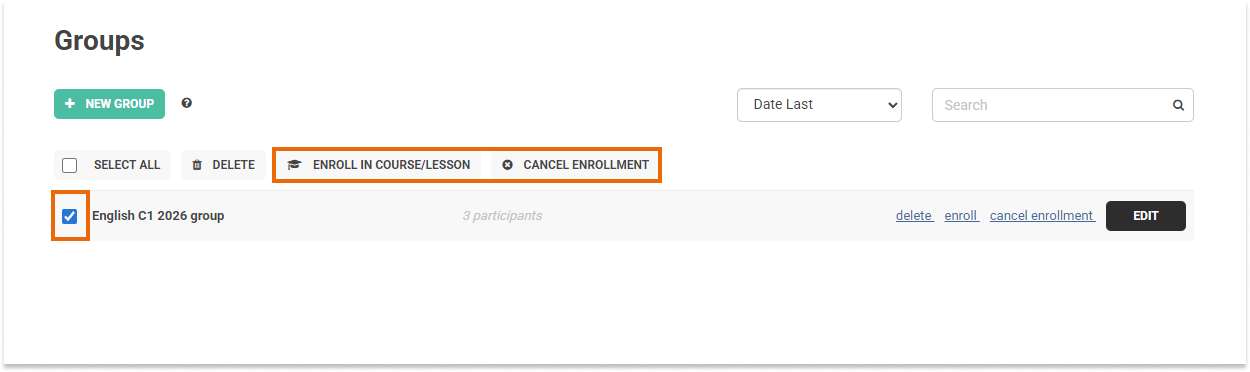 LMS User Groups LMS User Groups: In order to manage the whole group, select the box on the left and choose from the options on the right