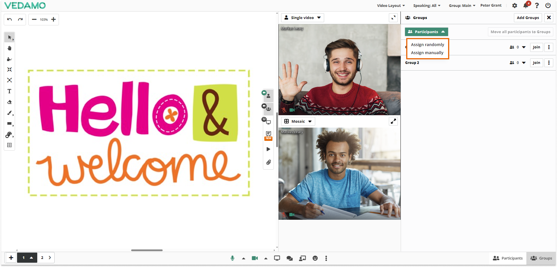 Virtual Classroom Breakout Rooms: Assigning participants can be done manually or randomly