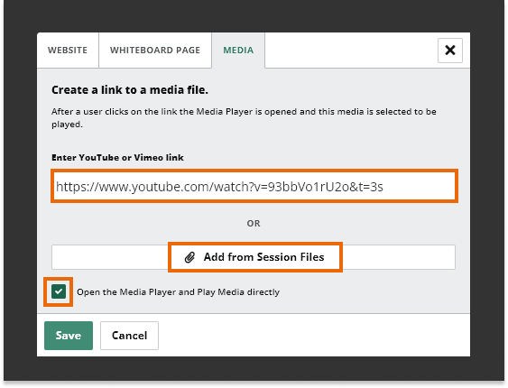 Virtual Classroom Online Whiteboard Tools: Link or attach a video option