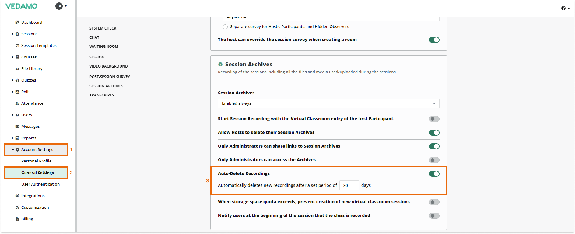 Interactive Recordings: Location of the Auto Delete function in the General Settings page