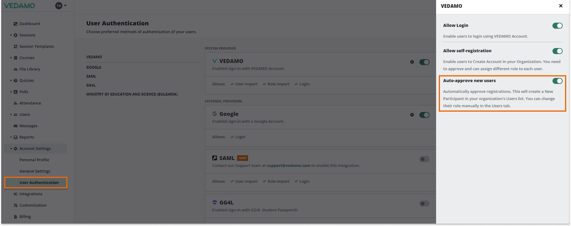 LMS Account and Settings - General Settings: Auto user approval