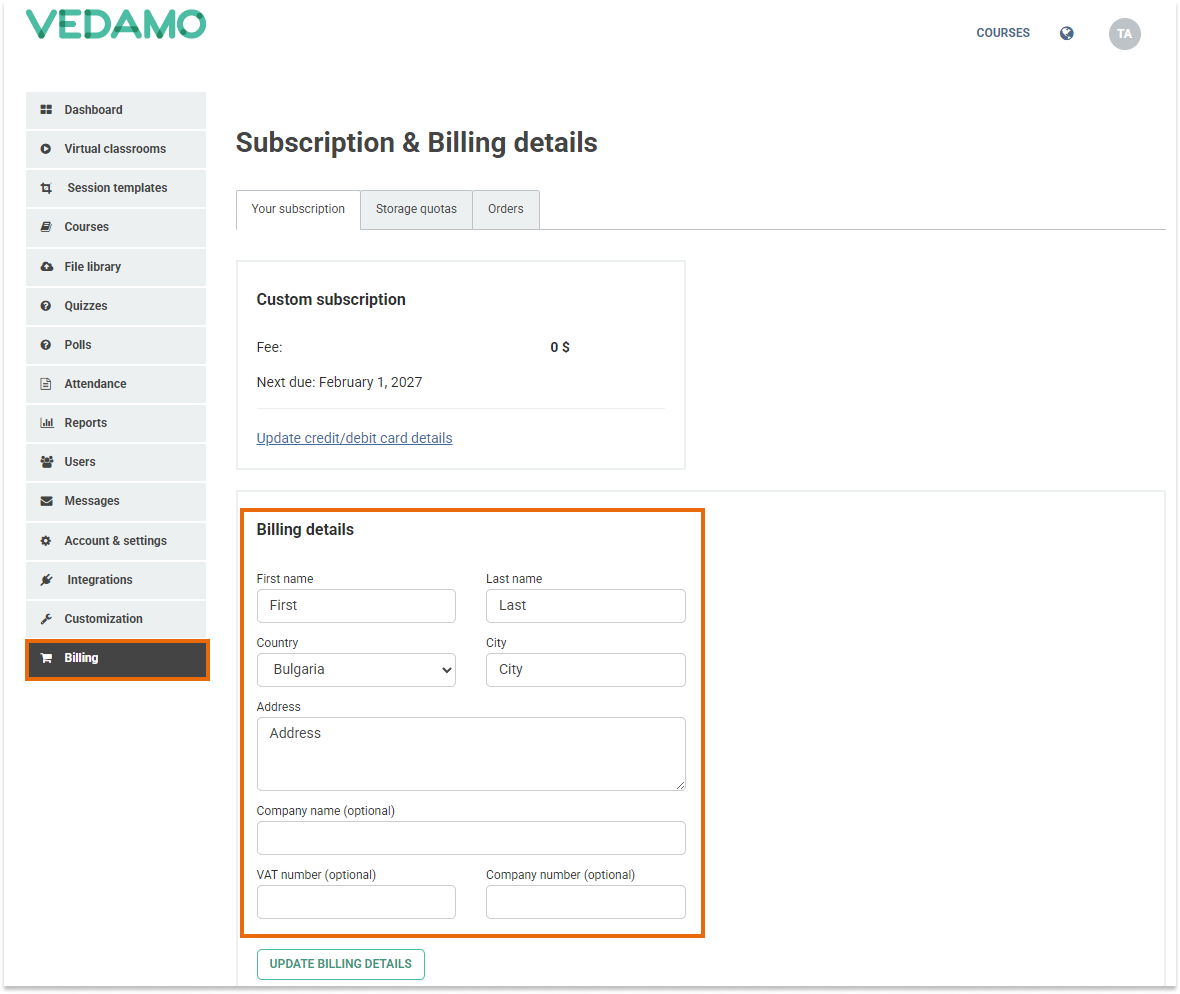LMS Account and Settings - General Settings: You can upload your company's details.