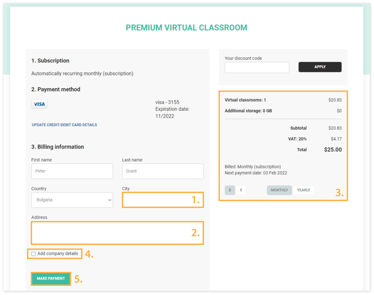 Virtual Classroom - Upgrade to premium: Add your details and click Complete Purchase