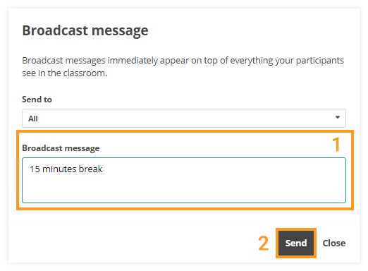 Virtual Classroom Functional Windows: Example of usage of the broadcast messages during a session