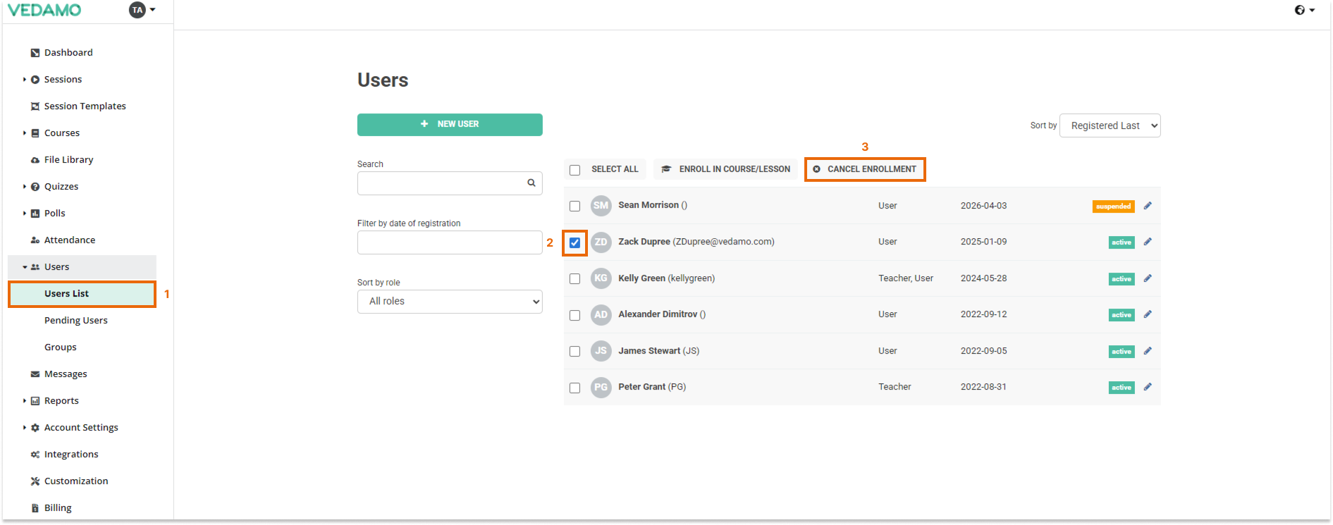Add participants in your LMS course: Selecting the user(s) who will be removed from the course