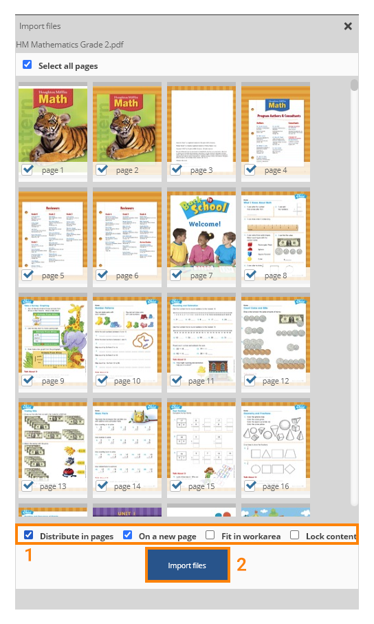 Virtual Classroom File Library: Different options to import files with multiple pages