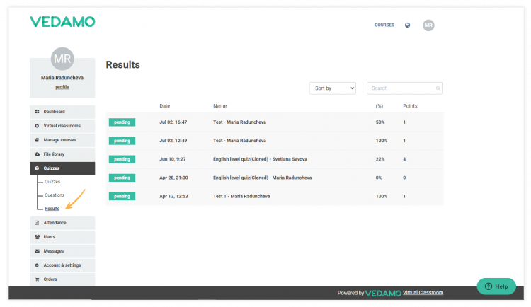 Click on results to see the students` answers